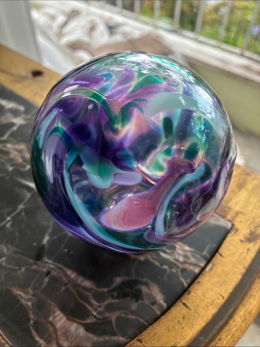 Hand-Blown Glass Art Sphere in Purple, Teal, and Pink